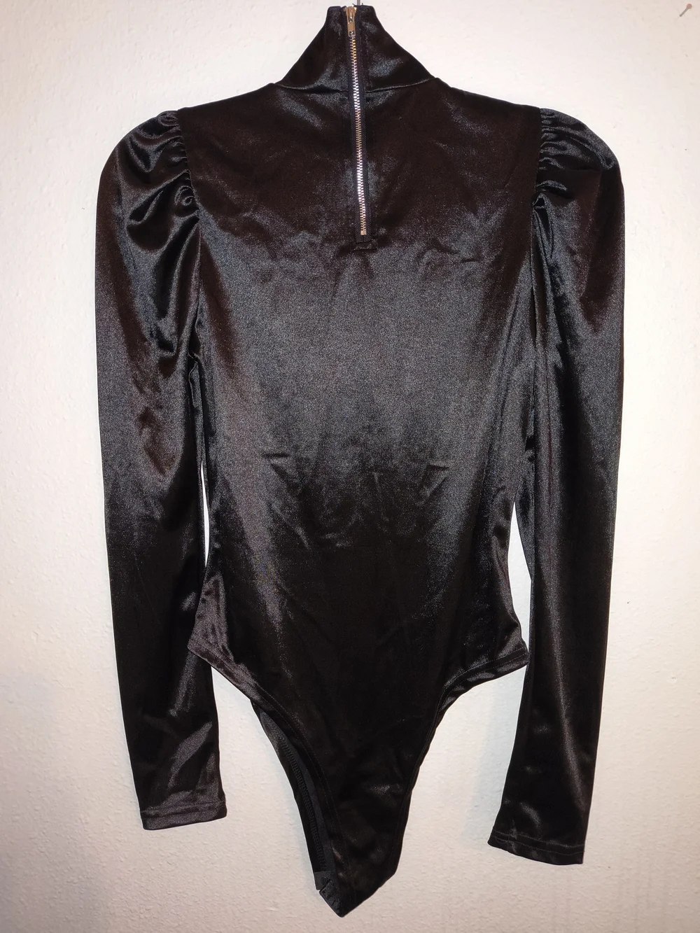 Vintage Black Satin Puff Sleeve Bodysuit High Neck Gothic Disco 80s Glam Size L - Picture 5 of 9